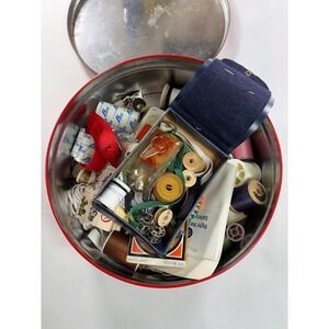 Vintage Grandma Sewing Box Christmas Tin Needles Thread Pinwheel Singer Kit Lot
